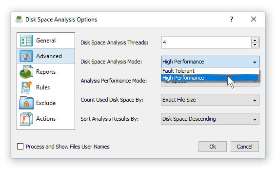 Disk Space Analysis Performance Options