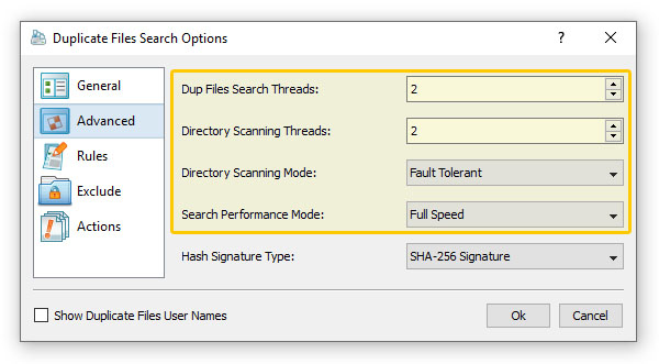 Duplicate Files Search Performance Options