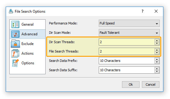 DiskBoss File Search Performance Options