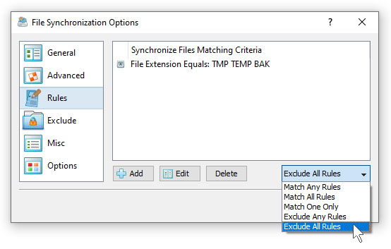 File Synchronization Rules Exclude Extensions