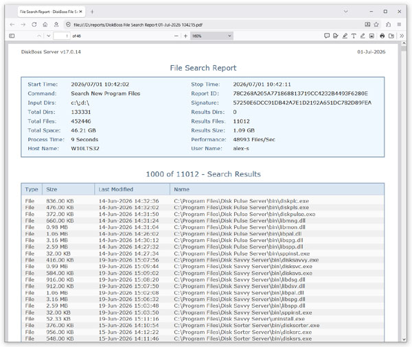 DiskBoss File Search PDF Report