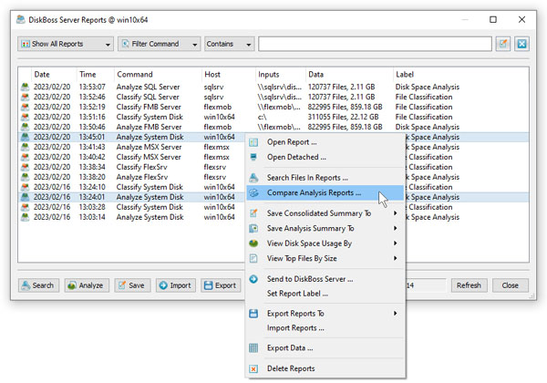 DiskBoss Server Compare Disk Space Analysis Reports